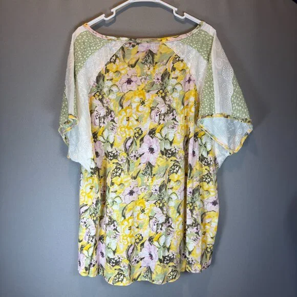 NWT CATO 26/28W Boho Floral Patchwork Eyelet Sleeve Mixed Media Raw Hem Top - Picture 5 of 12